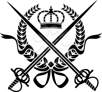 Black and white heraldic design with a foliate wreath, crossed swords and crown isolated on white