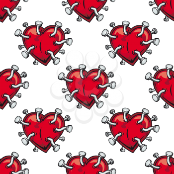 Seamless vector pattern of scattered red hearts studded with nails symbolic of heartbreak and unhappiness in love or of ill health and heart problems