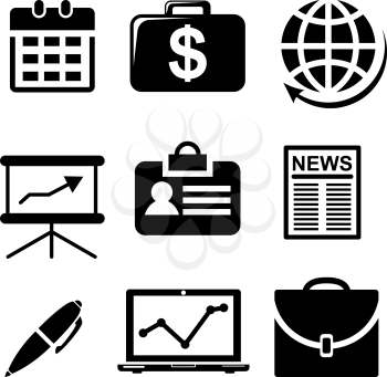 Set of black and white business icons depicting money, business travel, briefcase, reports, financial news and analytical graphs