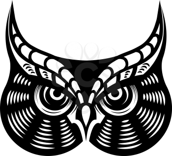 Cartoon vector illustration in black and white of the face of a fierce looking horned owl