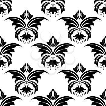 Black and white seamless floral arabesque pattern with repeat motifs suitable for wallpaper or damask-style fabric