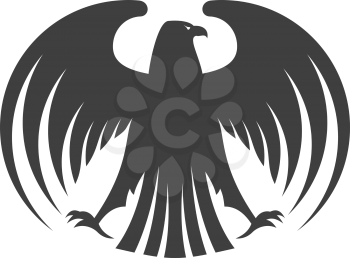 Silhouette of a black eagle with outspread wings and its head turned to the side isolated on white for heraldry design