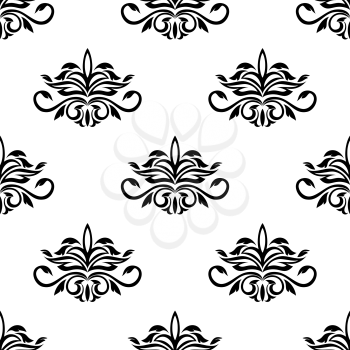 Seamless pattern for damask style fabric with repeat arabesque motifs in black and white, vector illustration