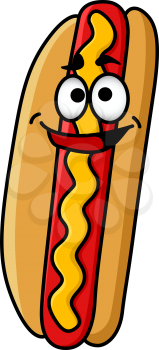 Cartoon appy hot dog with moustard with a smiling face standing upright isolated on white, vector illustration