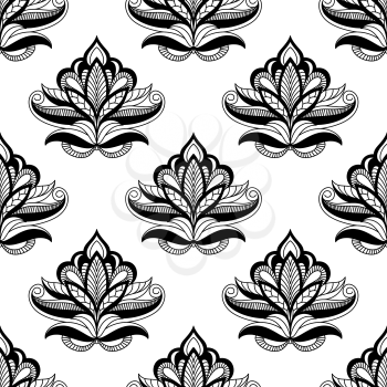 Persian style floral motifs in a repeat seamless arabesque pattern suitable for textile or wallpaper, black and white vector