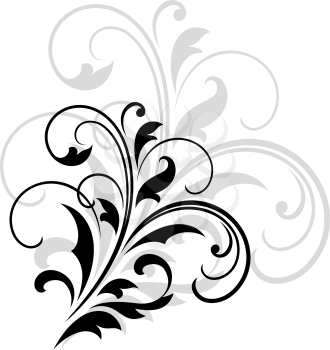 Swirling dainty foliate calligraphic design in black with a larger repeat element in grey behind over a white background, vector illustration