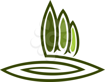 Vector doodle sketch of a green eco symbol with a row of tall cypresses and a swirl depicting the green landscape