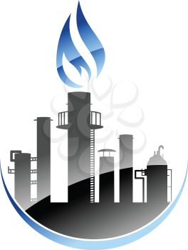 Vector icon depicting a modern oil refinery or industrial plant with tall smokestacks or chimneys with the central one emitting a burning flame