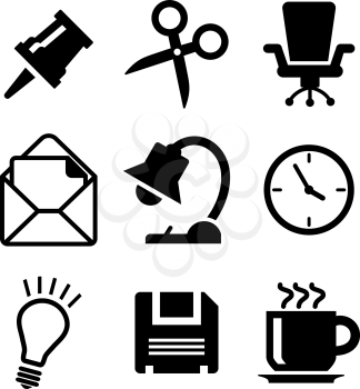 Set of office icons in a black and white vector including a thumb tack, scissors, chair, mail, lamp, clock, lightbulb and cup of tea for web design
