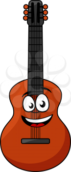 Cartoon happy wooden guitar with a smiling face ready for some musical entertainment, vector illustration