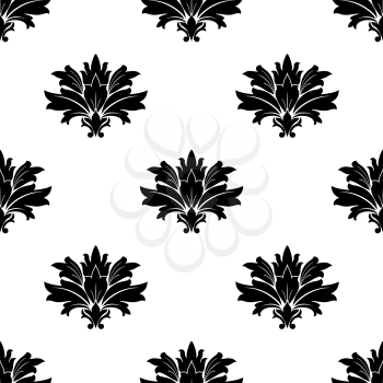 Black silhouette foliate motif in a seamless repeat arabesque pattern in a square format suitable for print on damask style fabric or wallpaper