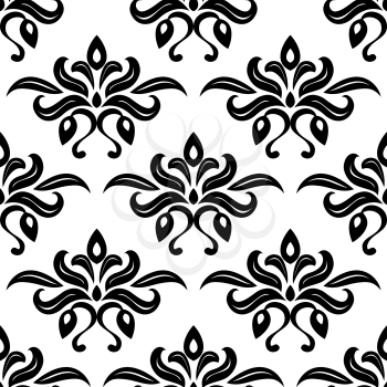 Modern foliate black and white arabesque pattern with bold repeat motifs in a seamless pattern in square format suitable for wallpaper or textiles