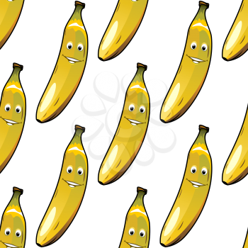 Seamless background pattern of happy ripe yellow bananas with smiley faces on white, cartoon vector illustration