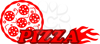 Pizzeria icon depicting a  red hot salami or pepperoni pizza with fiery flames and red text, vector illustration