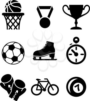 Collection of sports icons including basketball, soccer , football, ice skating, boxing gloves, cycling and bowls with a winners medal, trophy and stopwatch in black and white