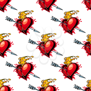 Valentines seamless background pattern of a flaming red heart pierced by an arrow depicting passion, desire, lust and red hot love, cartoon vector illustration
