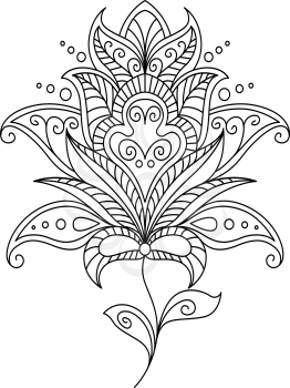 Intricate dainty black and white floral motif design element with the outline of a beautiful flower on two tiny leaves, vector illustration