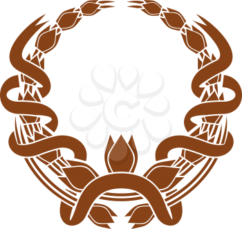 Laurel wreath with a serpentine ribbon entwined around the two sides and a central foliate motif , brown and white vector illustration with copyspace