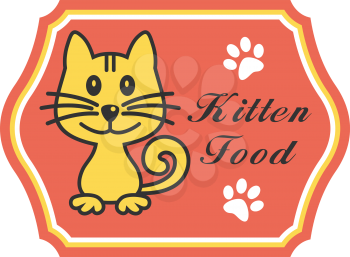 Pretty kitten food label with a cute little kitty cat sitting smiling on a pink label with paw prints and text