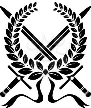 Victory wreath of laurel leaves with crossed swords, black and white silhouette vector illustration