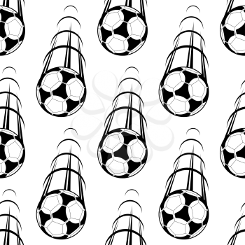 Seamless black and white pattern of speeding soccer balls flying through the air with motion trails in square format