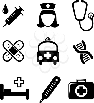 Set of black and white medical icons including a syringe, nurse, stethoscope, bandages, ambulance, thermometer, first aid kit and hospital bed isolated on white