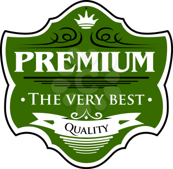 Premium - The Very Best - label with the text enclosed in an ornate cartouche or frame on green, isolated on white