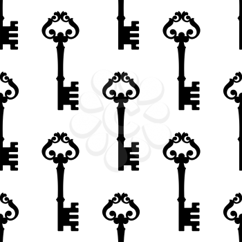 Repeat seamless pattern of an old-fashioned ornate key arranged in rows standing upright in square format suitable for textile or wallpaper