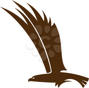 Side view silhouette of a flying falcon  or hawk with its powerful wings raised for mascot or tattoo design