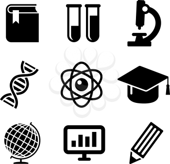 Science and education icons depicting book, test tubes, DNA, graduation, microscope, atom,  pencil, globe and computer