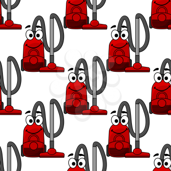 Happy smiling modern red vacuum cleaner in a repeat seamless background pattern in square format, cartoon illustration