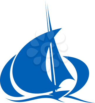 Stylized silhouette of blue yacht sailing the ocean waves with billowing sails on white