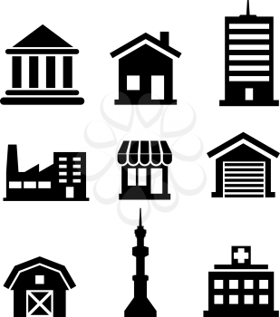 Silhouetted buildings and architectural icons depicting church, temple, hospital, tower, shop, market, office, factory, house and farm