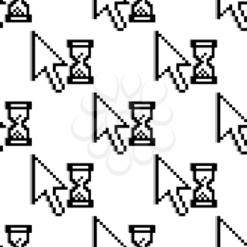 Black and white seamless pattern of a diagonal facing arrow and hourglass in square format with arrows pointing to the upper left corner, pixelated graphics