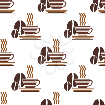 Repeat pattern of a striped cup of steaming hot coffee and coffee beans in brown and white in square format
