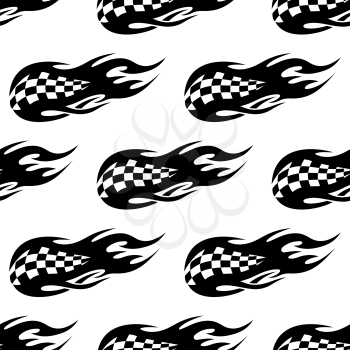 Flaming black and white checkered flag in a repeat seamless pattern conceptual of speed at motor sport