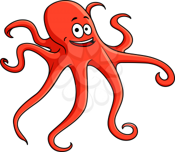 Cute red octopus with curling tentacles and a happy smile, cartoon illustration isolated on white