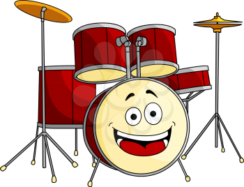 Drum set for a musical performance with a band with the drum in the foreground having a big happy laughing smile