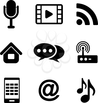 Communications and multimedia  icons with a microphone, wifi, web, film, video, tablet, network and music notes