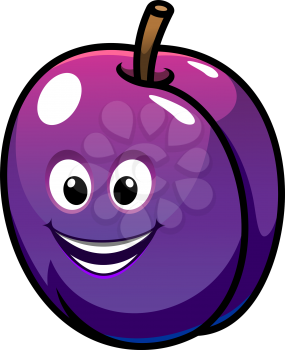 Colorful healthy fresh purple plum fruit with a laughing happy face, cartoon  illustration isolated on white