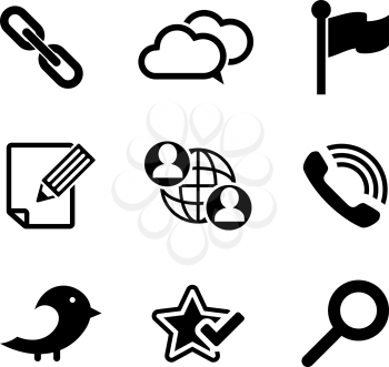 Multimedia and technology icons set with social media, search, zoom, note, globe, phone, cloud, link and popular elements