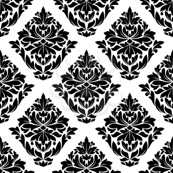 Large bold diamond shaped floral and foliate motif in a black and white silhouette arranged in a repeat seamless pattern in square format