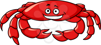 Colorful red marine cartoon crab with a smiling face and big claws for seafood design, isolated on white
