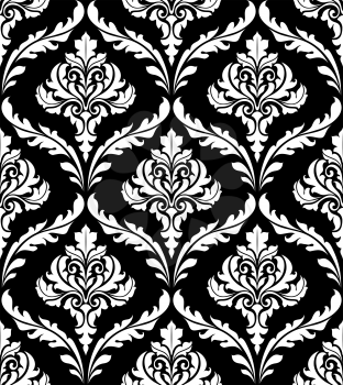 Heavy arabesque design in black and white with a repeat foliate motif in a seamless background pattern suitable for wallpaper or damask style textile