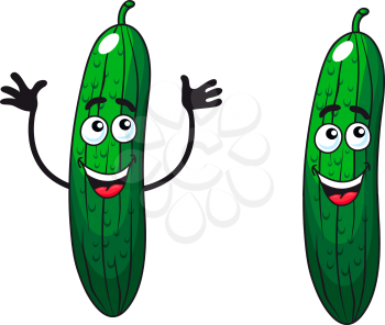 Cartoon vector illustration of a two comic happy green cucumbers or gherkins with smiling faces, one waving isolated on white