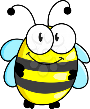 Cartoon cute striped little bumble bee or honey bee with a happy smile isolated on white, vector illustration