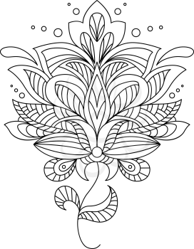 Intricate calligraphic floral design element in a black and white outline, vector illustration