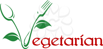 Conceptual vegetarian food icon with red text and the V formed of a spoon and fork in a stylized vine pattern with leaves in green