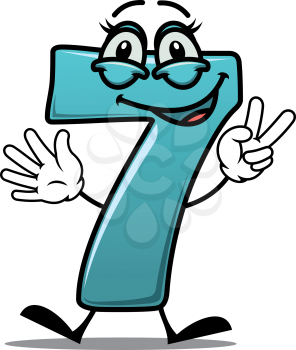 Cartoon cute happy laughing number 7  seven making a victory or peace sign with its fingers, suitable for a kids birthday, on white
