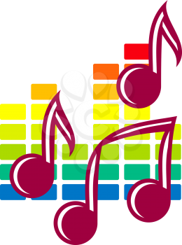 Colourful festival or party icon with music notes over a background pattern in the colours of the rainbow isolated on white
